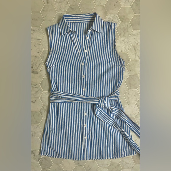 Blue and white striped sleeveless shirt dress with wrap around tie belt - Picture 7 of 7